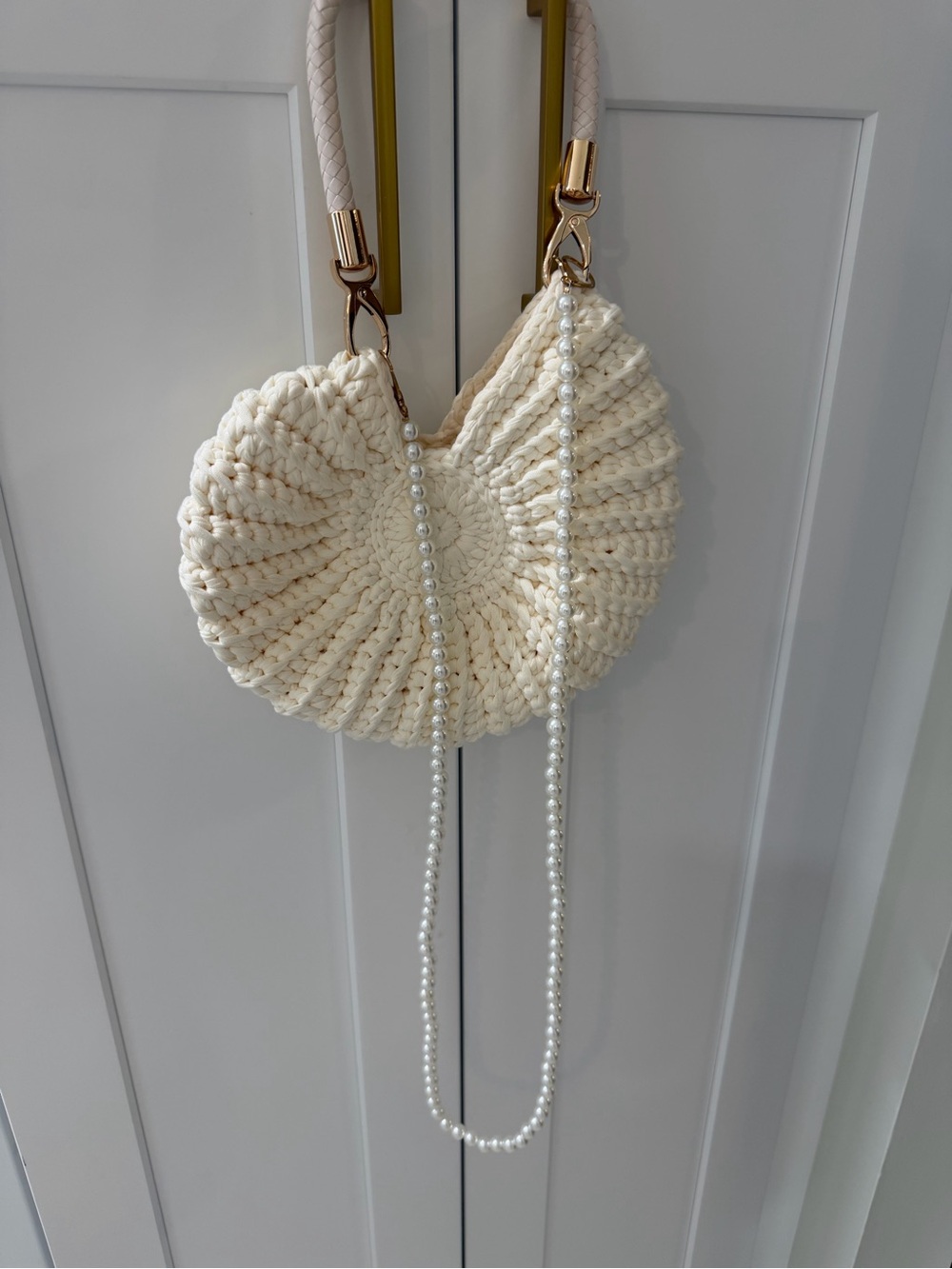 Cream Crochet Shoulder Bag with Pearl Strap